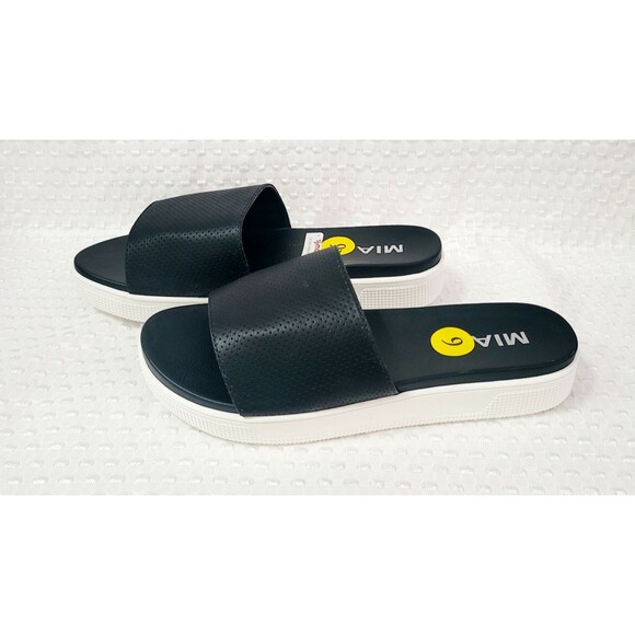 MIA Womens Sz 9M Black Wide Band Slip Slide On Kayliee Sandals 1.5" Platform - Picture 4 of 9